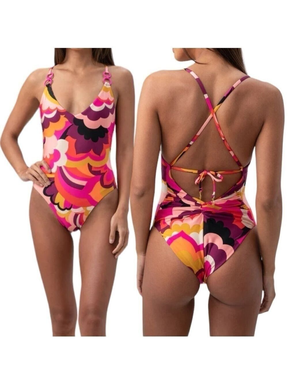TRINA TURK FAN FAIRE TWIST BACK MAILLOT ONE PIECE SWIMSUIT COLORFUL SZ 14